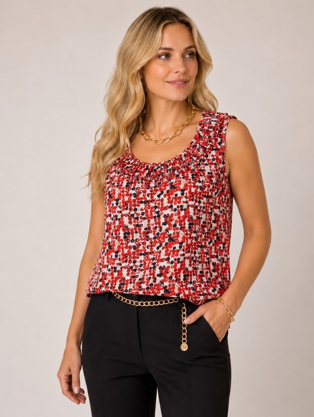 Preston & York Sleeveless  Red & Black Abstract Print Top
